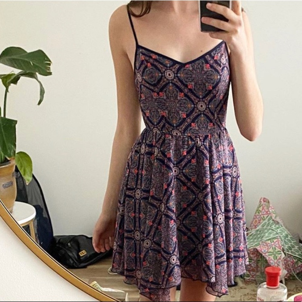 Patterned Blue Spaghetti Strap Minidress
